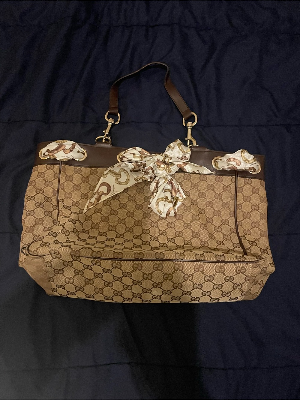 Gucci Brown Monogram Tote with Scarf Accent
